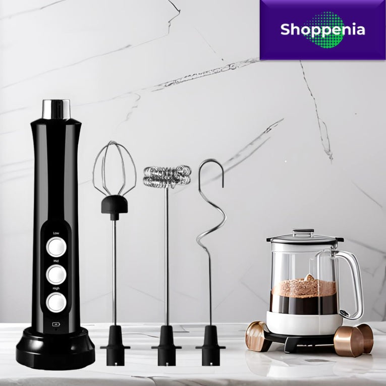 Rechargable Hand Mixer, Beater and Frother Black Set